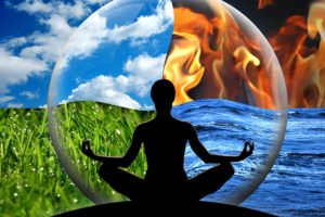 Female yoga figure in a transparent sphere composed of four natural elements (water fire earth air) as a concept for controlling emotions and power over nature.